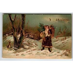 Santa Claus Christmas Postcard Purple Suit Coat Rabbit Woods Church Gold Trim